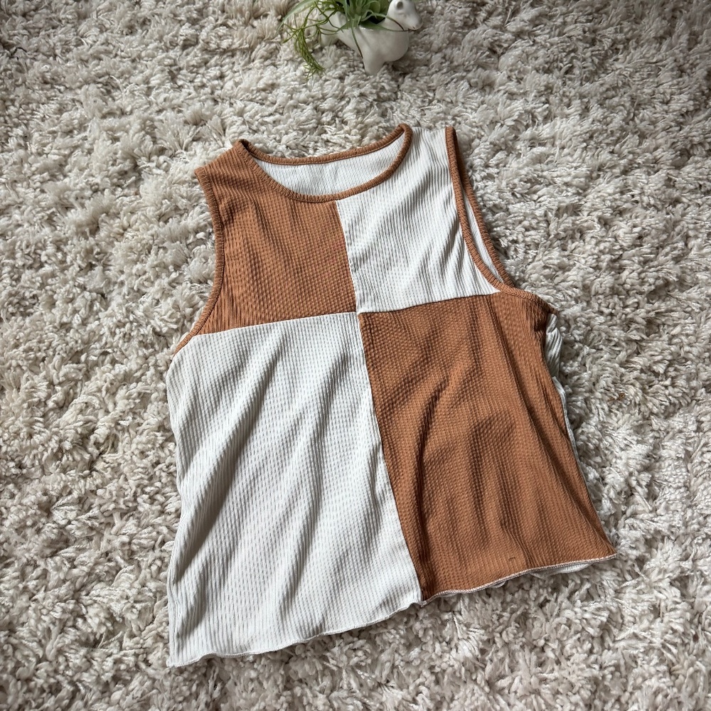 Stylish Colorblock Ribbed streetwear women’s Tank Top in White and Tan. elevate